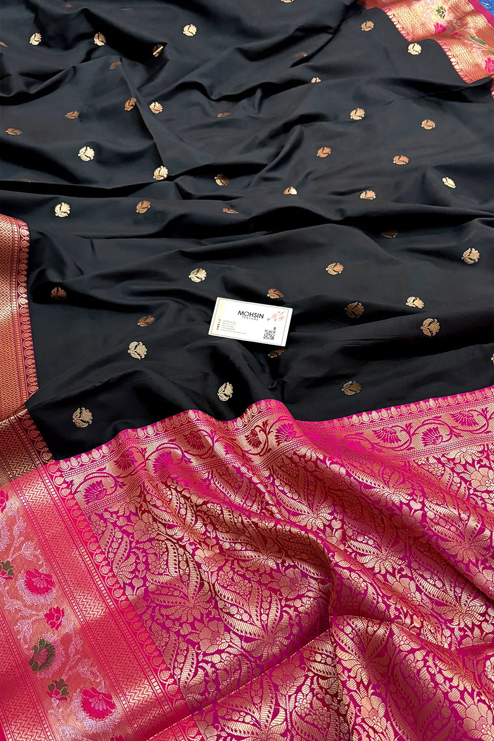 Black and Pink Buti Banarasi Silk Saree