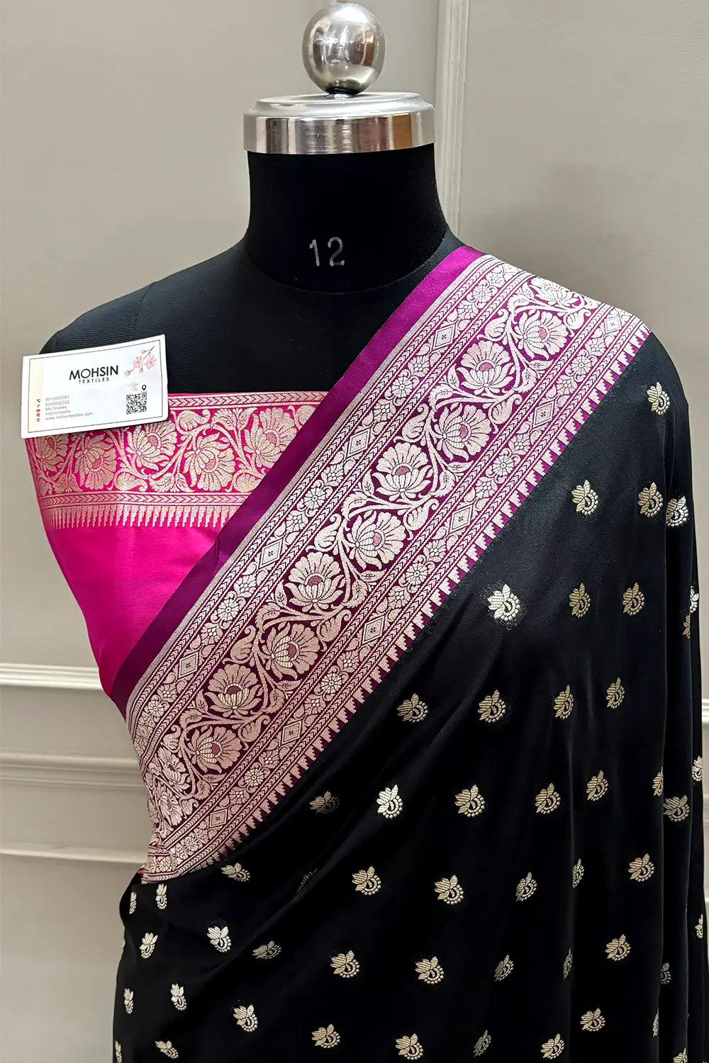 Black and Pink Ghonga Buti Katan Silk Banarasi Saree