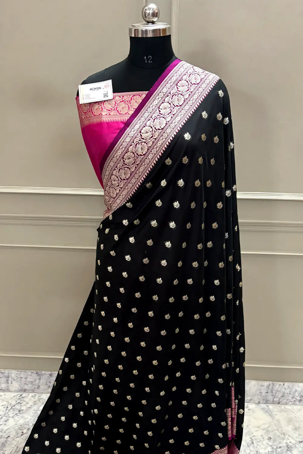 Black and Pink Ghonga Buti Katan Silk Banarasi Saree