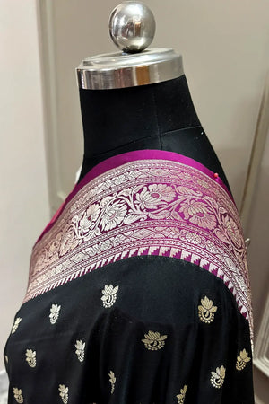 Black and Pink Ghonga Buti Katan Silk Banarasi Saree