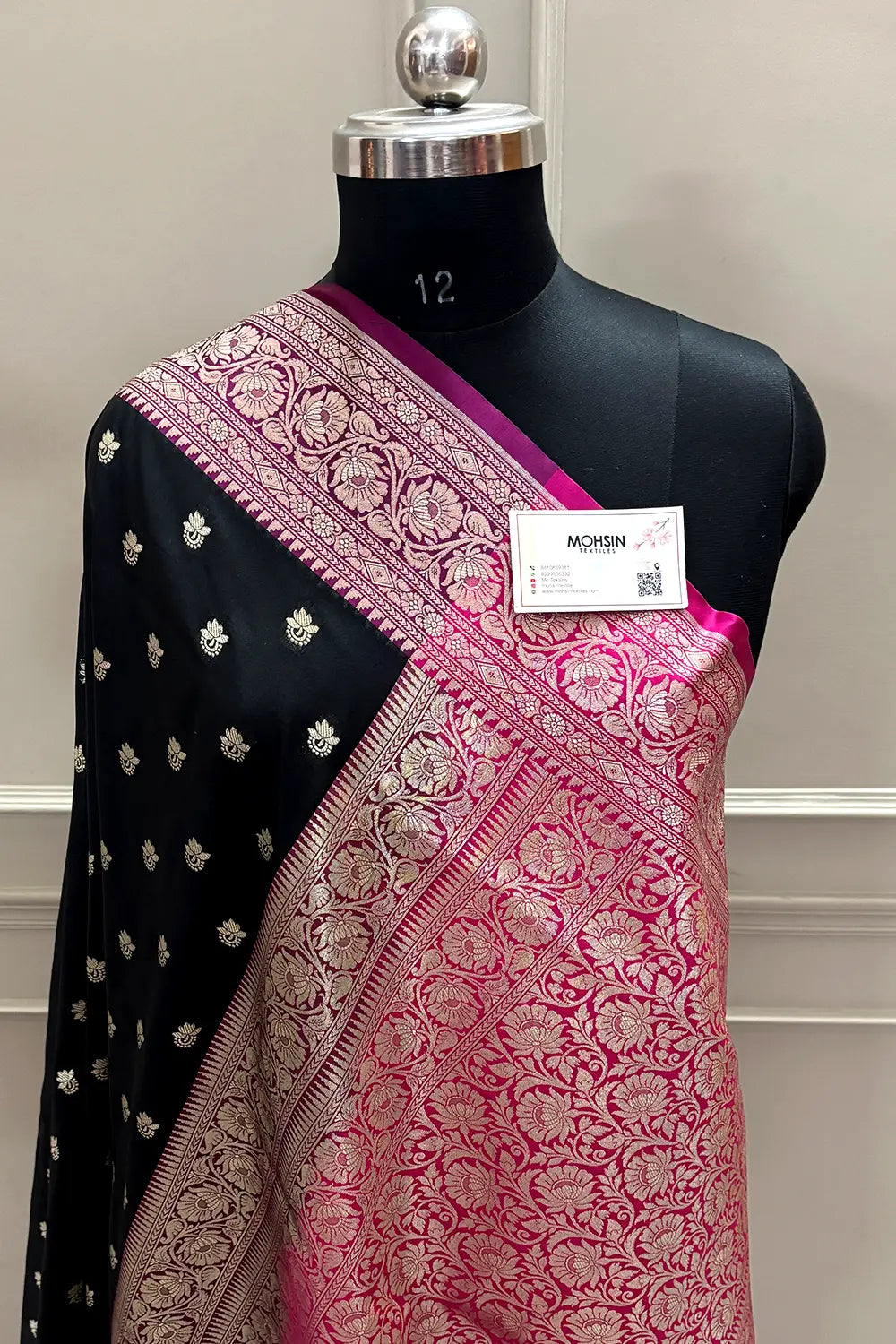 Black and Pink Ghonga Buti Katan Silk Banarasi Saree