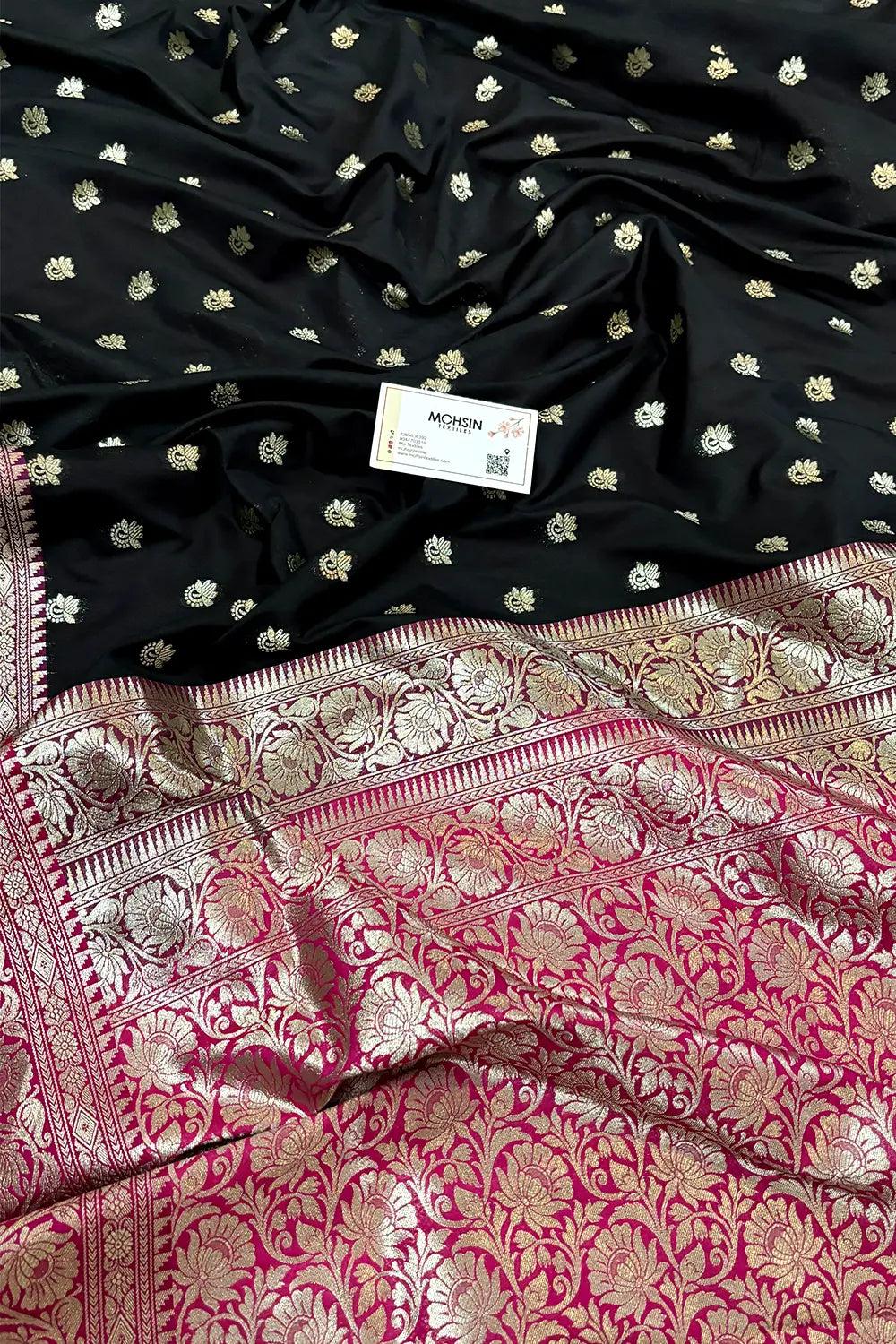 Black and Pink Ghonga Buti Katan Silk Banarasi Saree