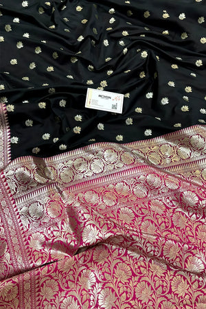 Black and Pink Ghonga Buti Katan Silk Banarasi Saree