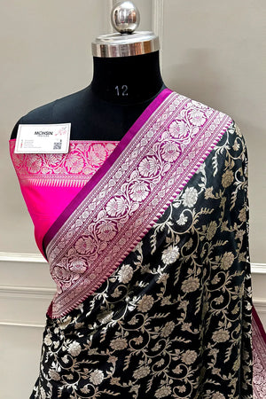 Black and Pink Gulabi Jaal Katan Silk Banarasi Saree