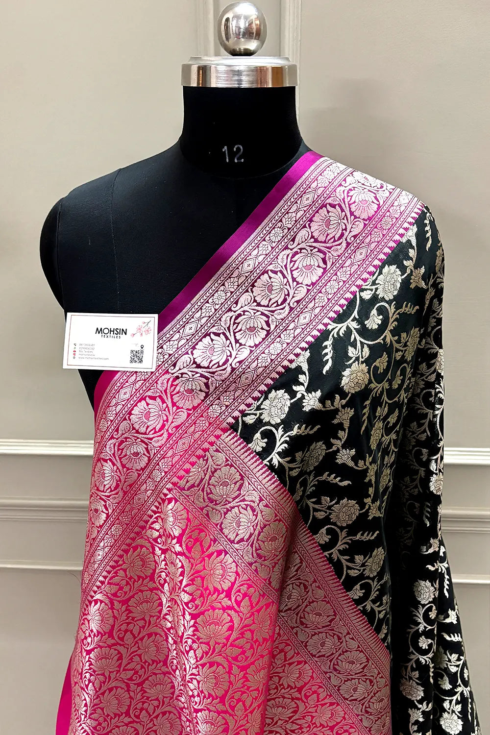 Black and Pink Gulabi Jaal Katan Silk Banarasi Saree