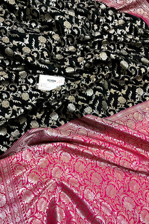 Black and Pink Gulabi Jaal Katan Silk Banarasi Saree