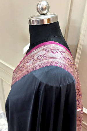 Black and Pink Plain Banarasi Silk Saree