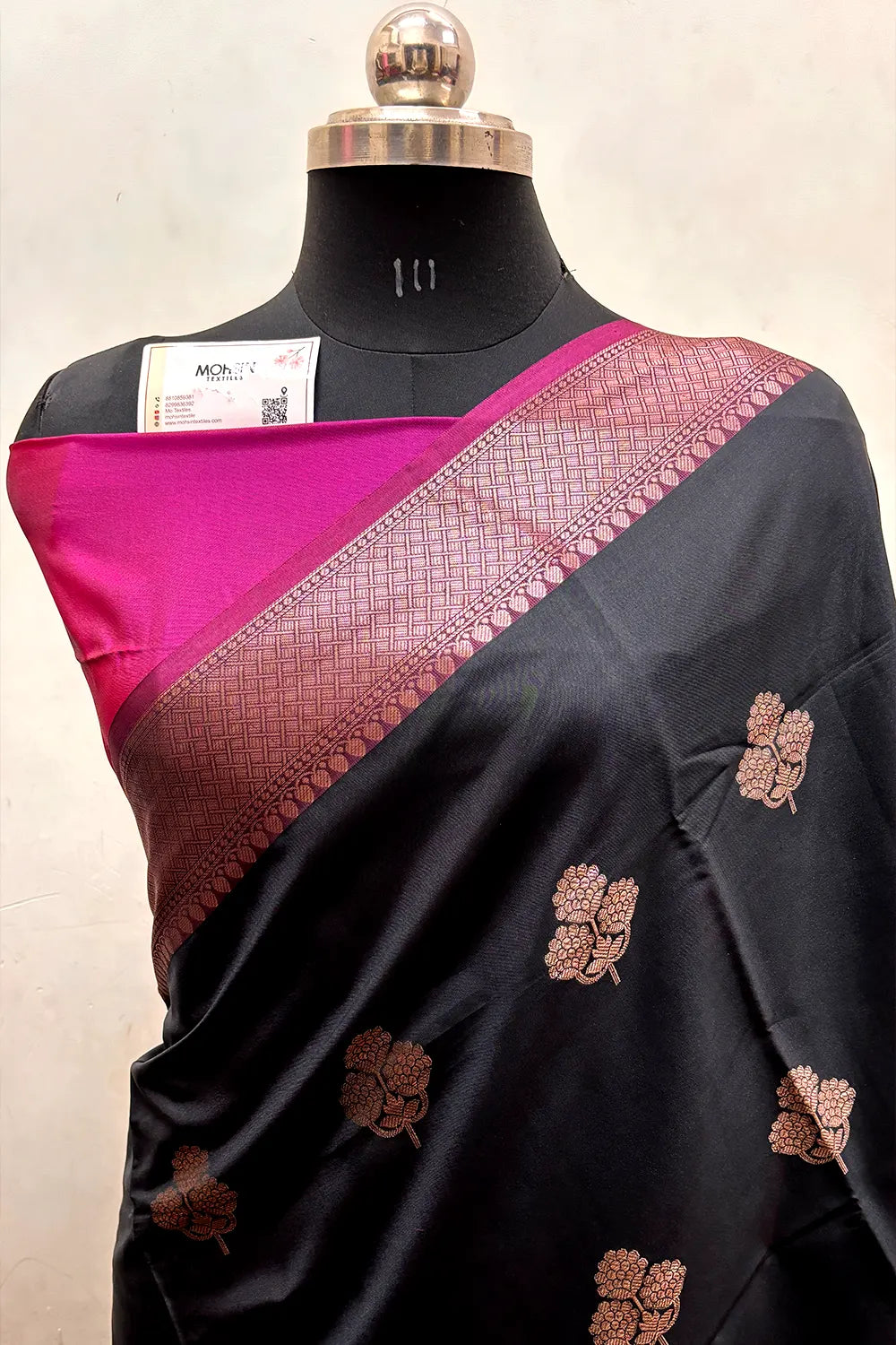 Black and Pink Zari Semi Katan Silk Banarasi Saree