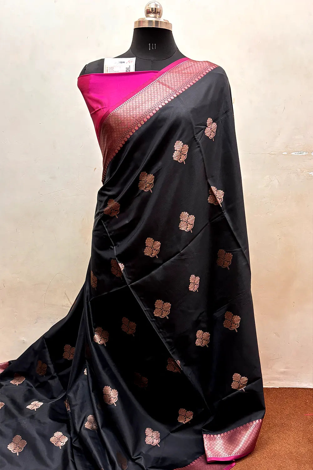 Black and Pink Zari Semi Katan Silk Banarasi Saree