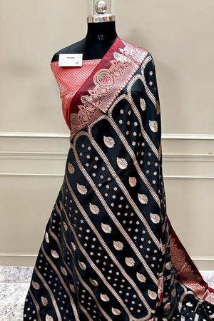 Black and Red Zari Banarasi Silk Saree