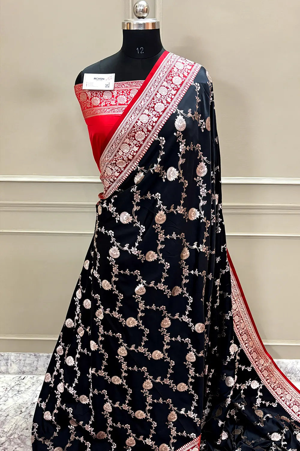 Black and Red Zari Katan Silk Banarasi Saree