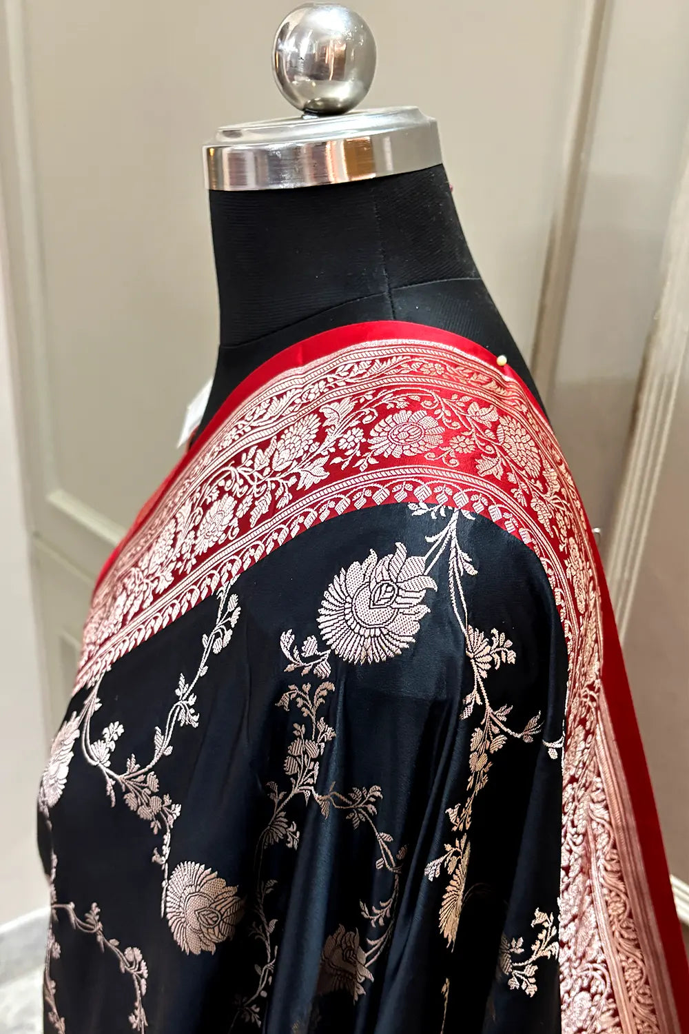 Black and Red Zari Katan Silk Banarasi Saree