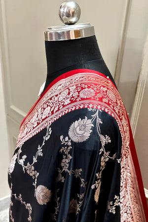 Black and Red Zari Katan Silk Banarasi Saree