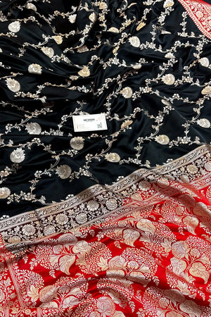 Black and Red Zari Katan Silk Banarasi Saree