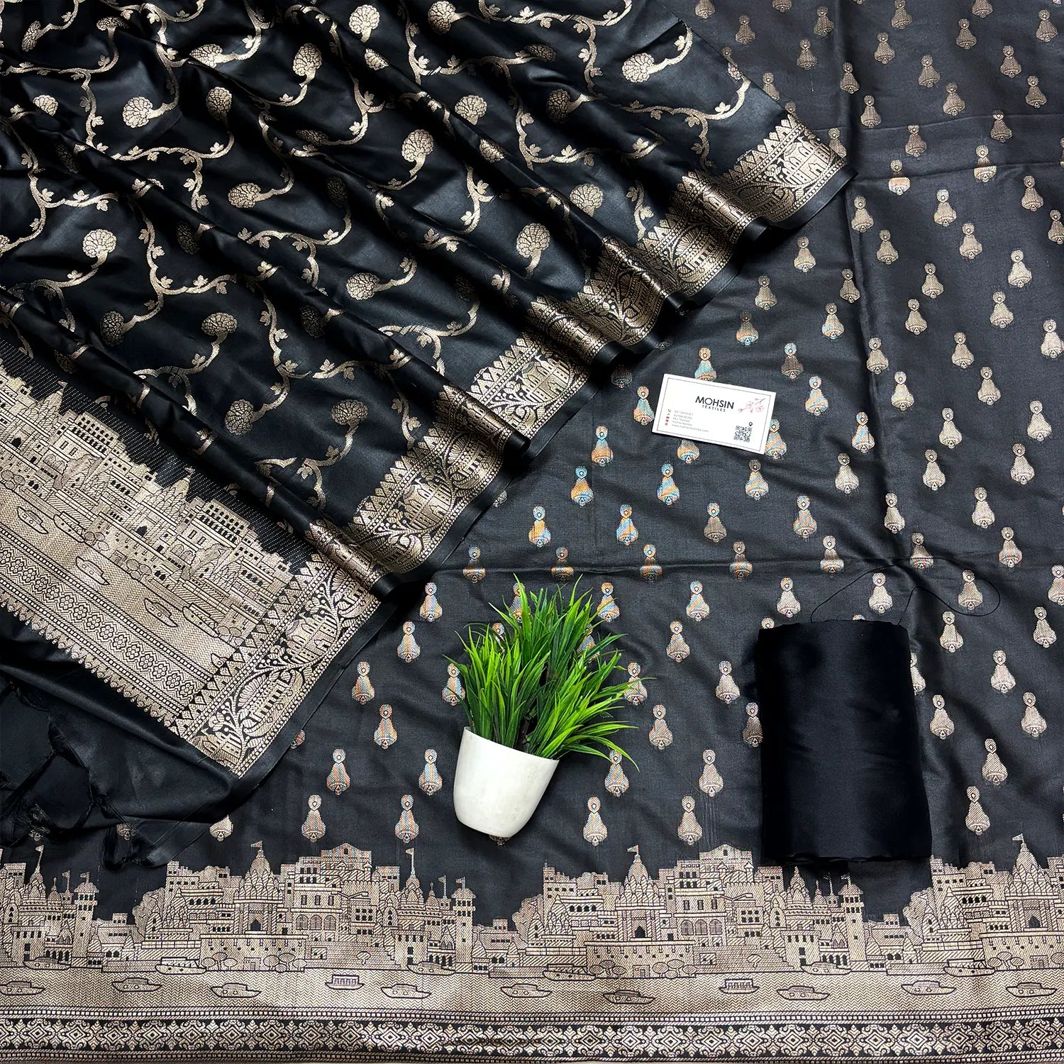 Black Assi Ghat Aarti Semi Katan Silk Banarasi Suit