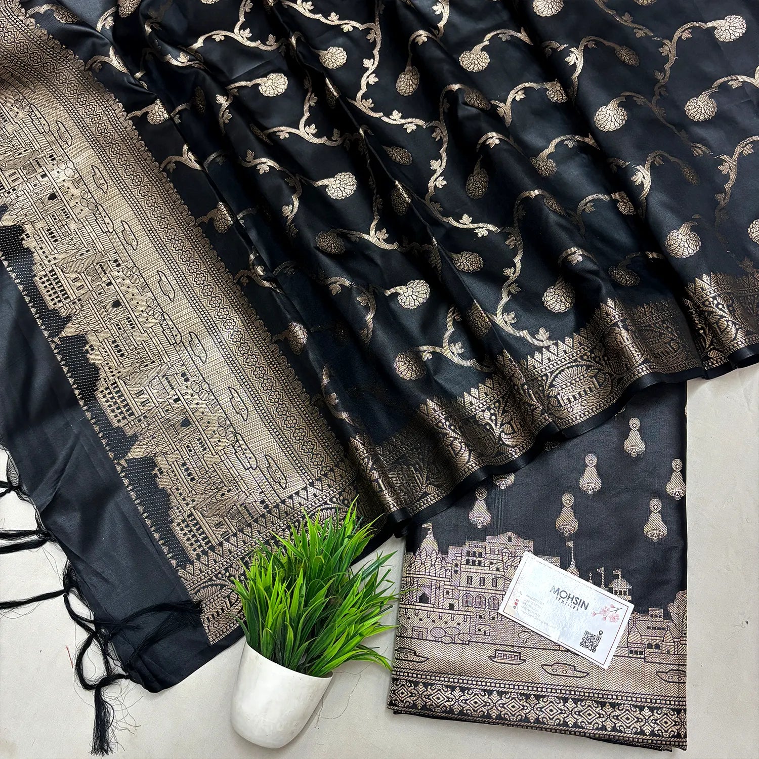 Black Assi Ghat Aarti Semi Katan Silk Banarasi Suit