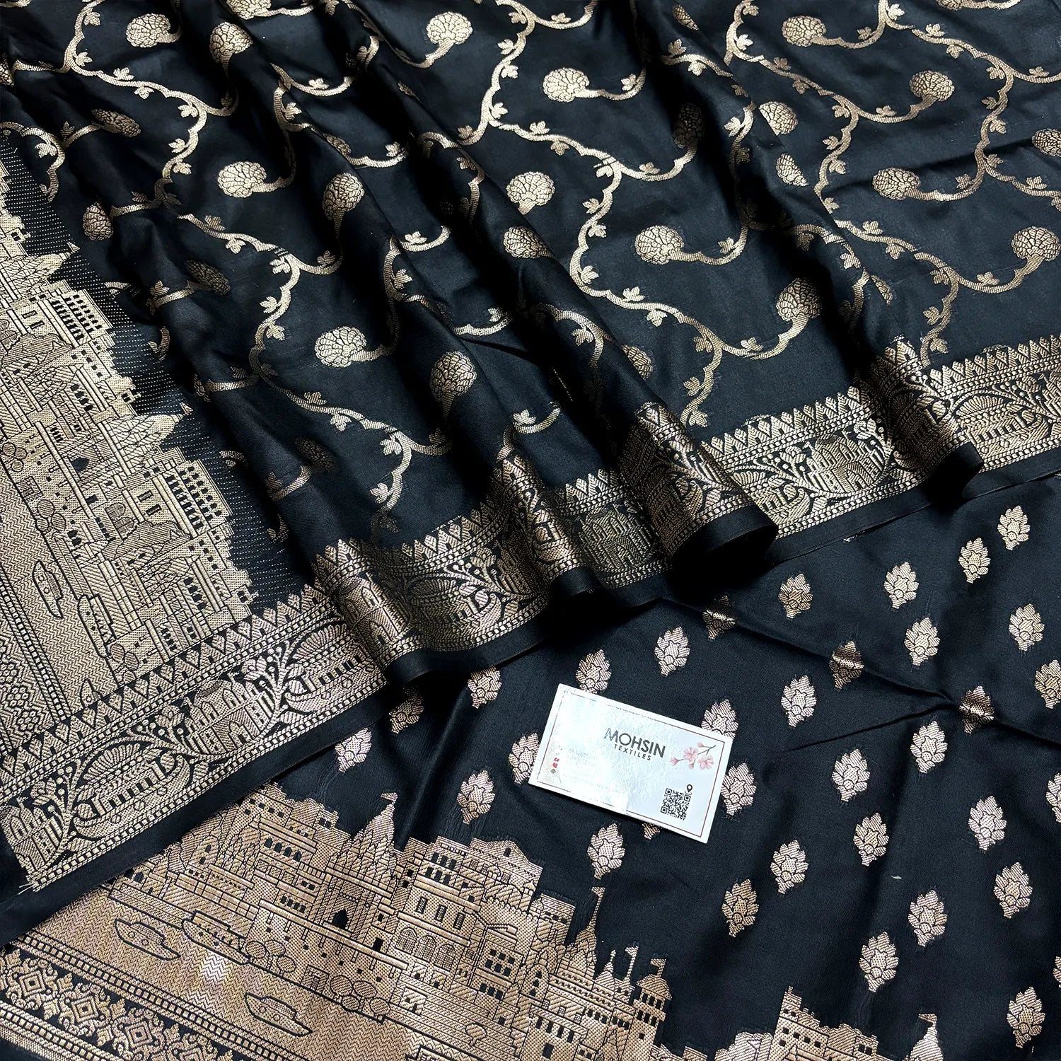 Black Assi Ghat Mandir Semi Katan Silk Banarasi Suit