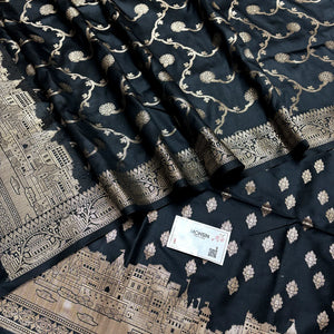 Black Assi Ghat Mandir Semi Katan Silk Banarasi Suit
