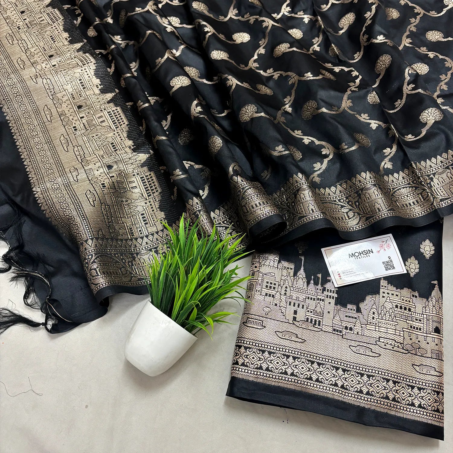 Black Assi Ghat Mandir Semi Katan Silk Banarasi Suit
