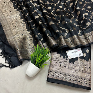 Black Assi Ghat Mandir Semi Katan Silk Banarasi Suit