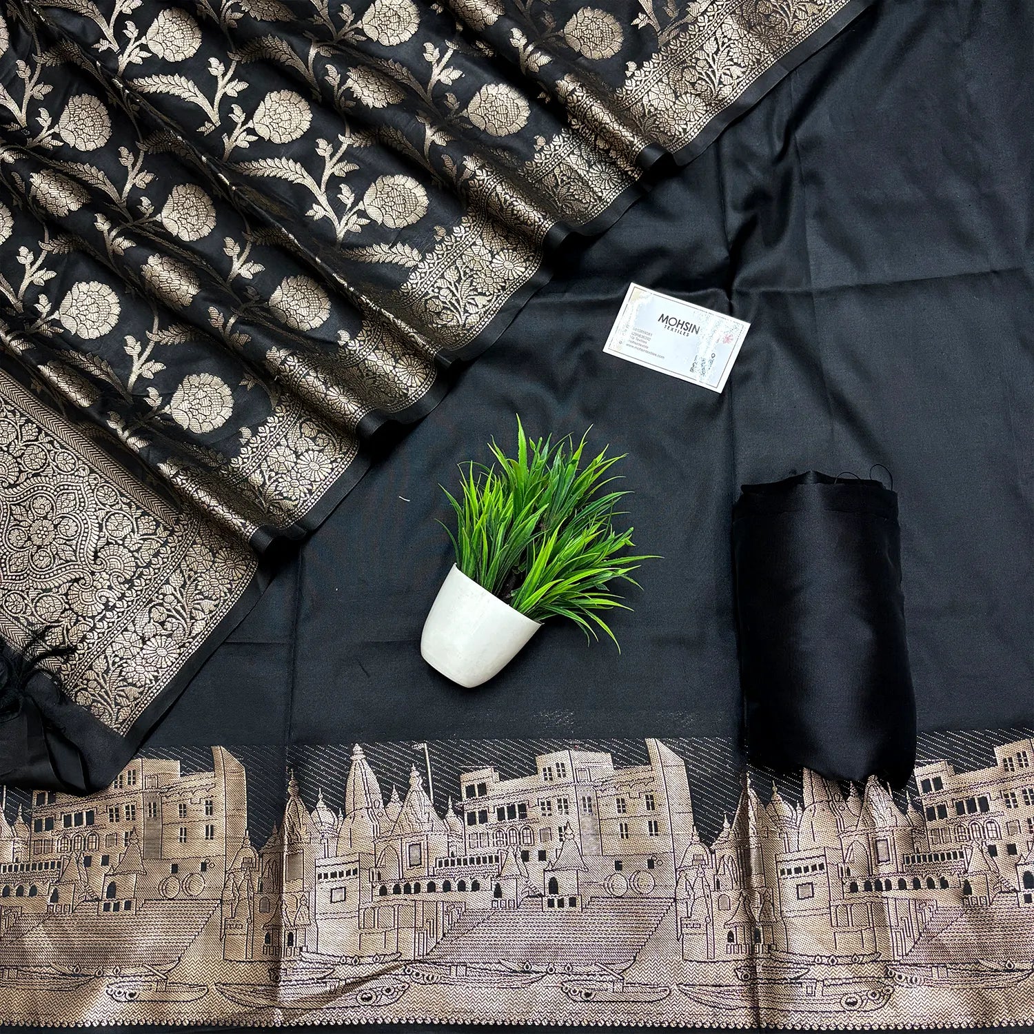 Black Assi Ghat Plain Semi Katan Silk Banarasi Suit