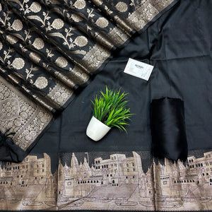 Black Assi Ghat Plain Semi Katan Silk Banarasi Suit