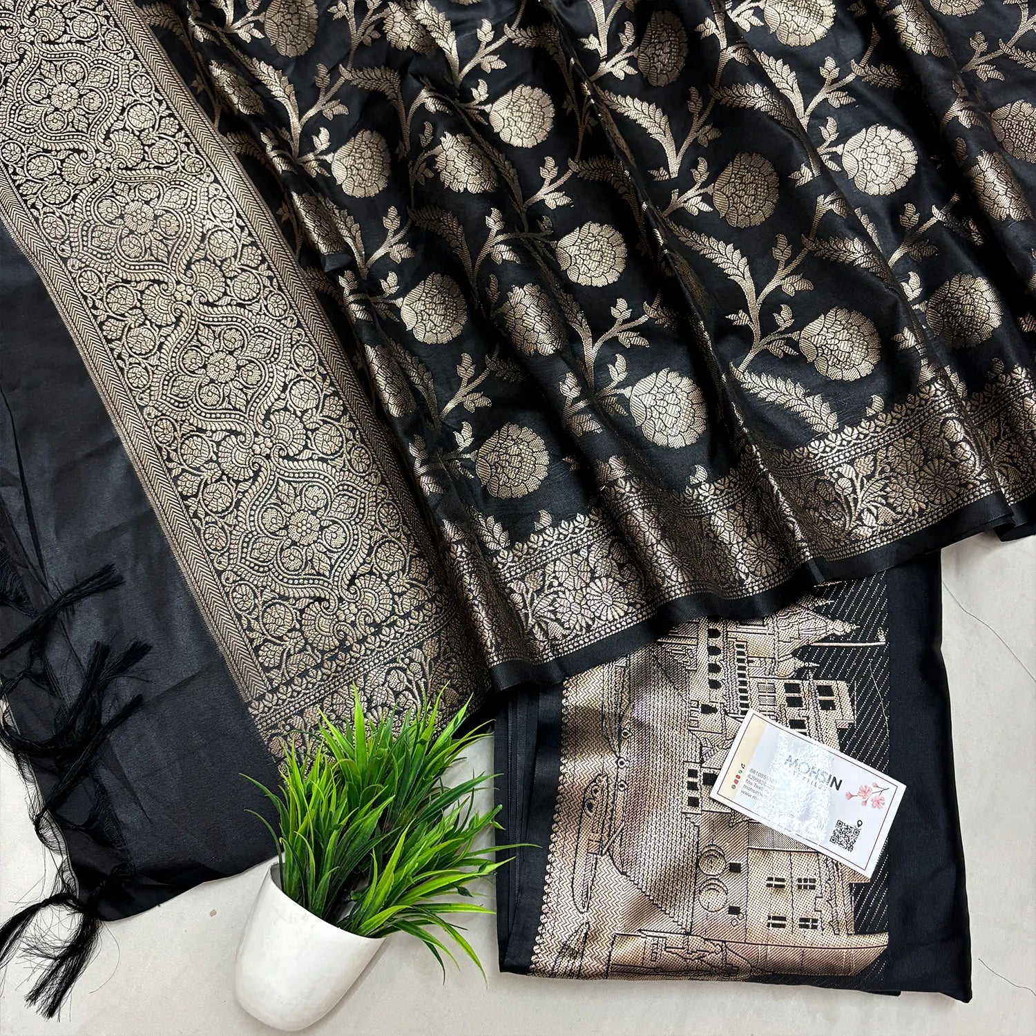 Black Assi Ghat Plain Semi Katan Silk Banarasi Suit