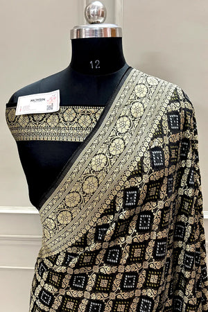 Black Bandhej Georgette Silk Banarasi Saree