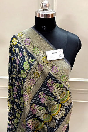 Black Bandhej Meena Georgette Silk Banarasi Saree