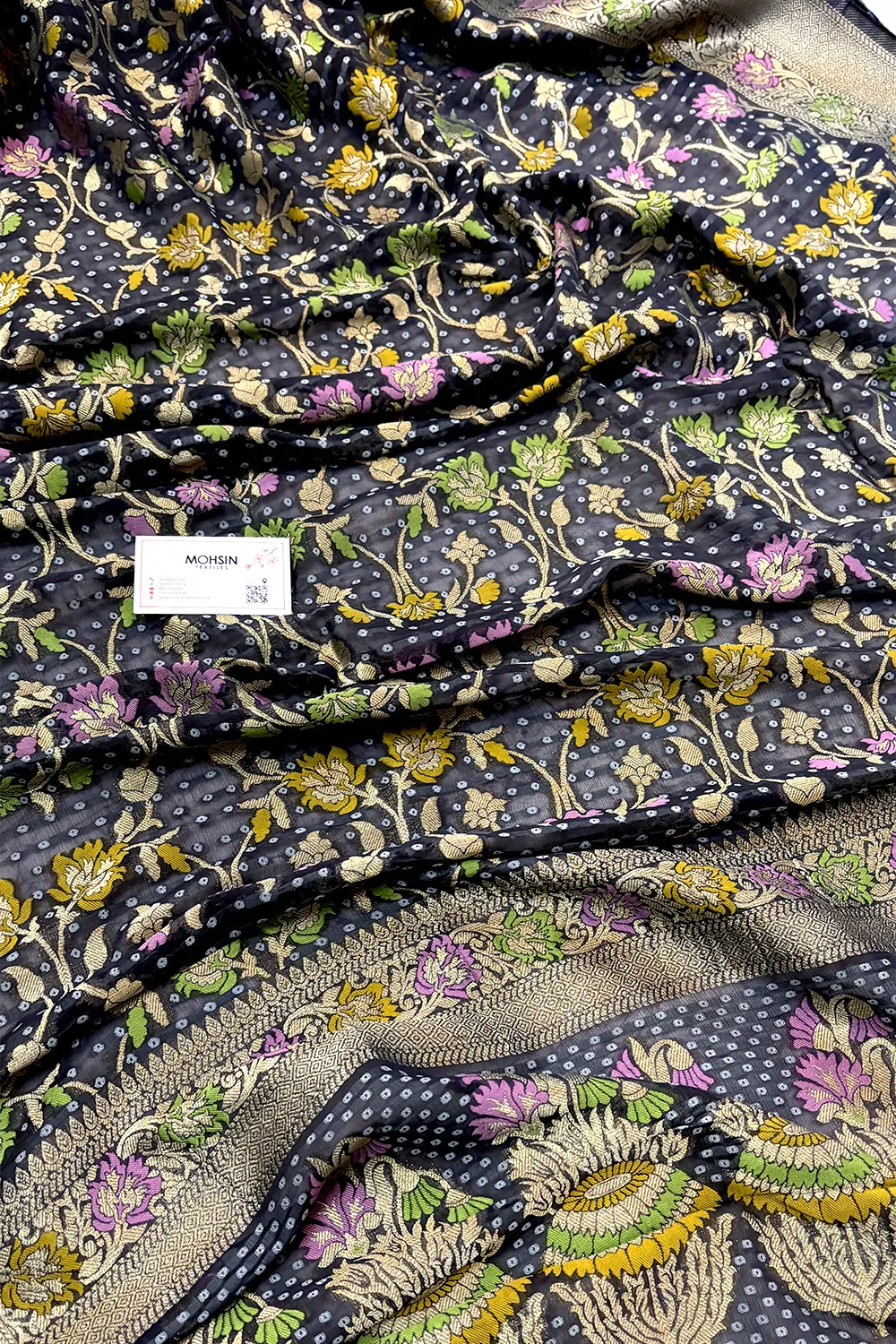 Black Bandhej Meena Georgette Silk Banarasi Saree