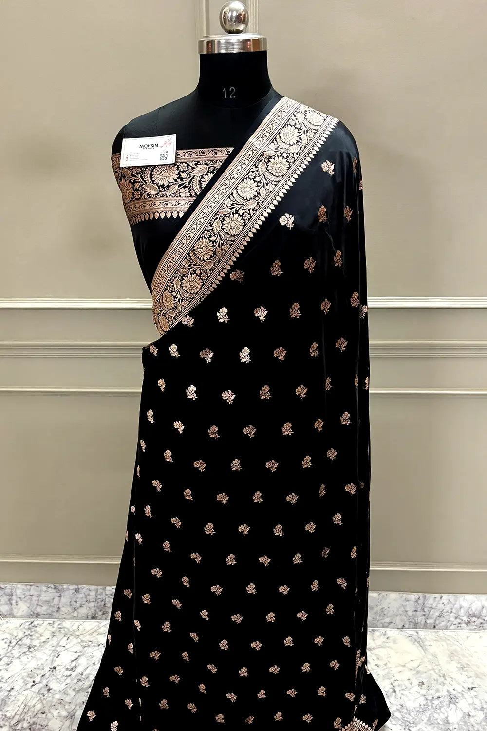 Black Chaman Buti Katan Mashru Silk Banarasi Saree