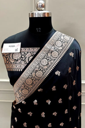 Black Chaman Buti Katan Mashru Silk Banarasi Saree