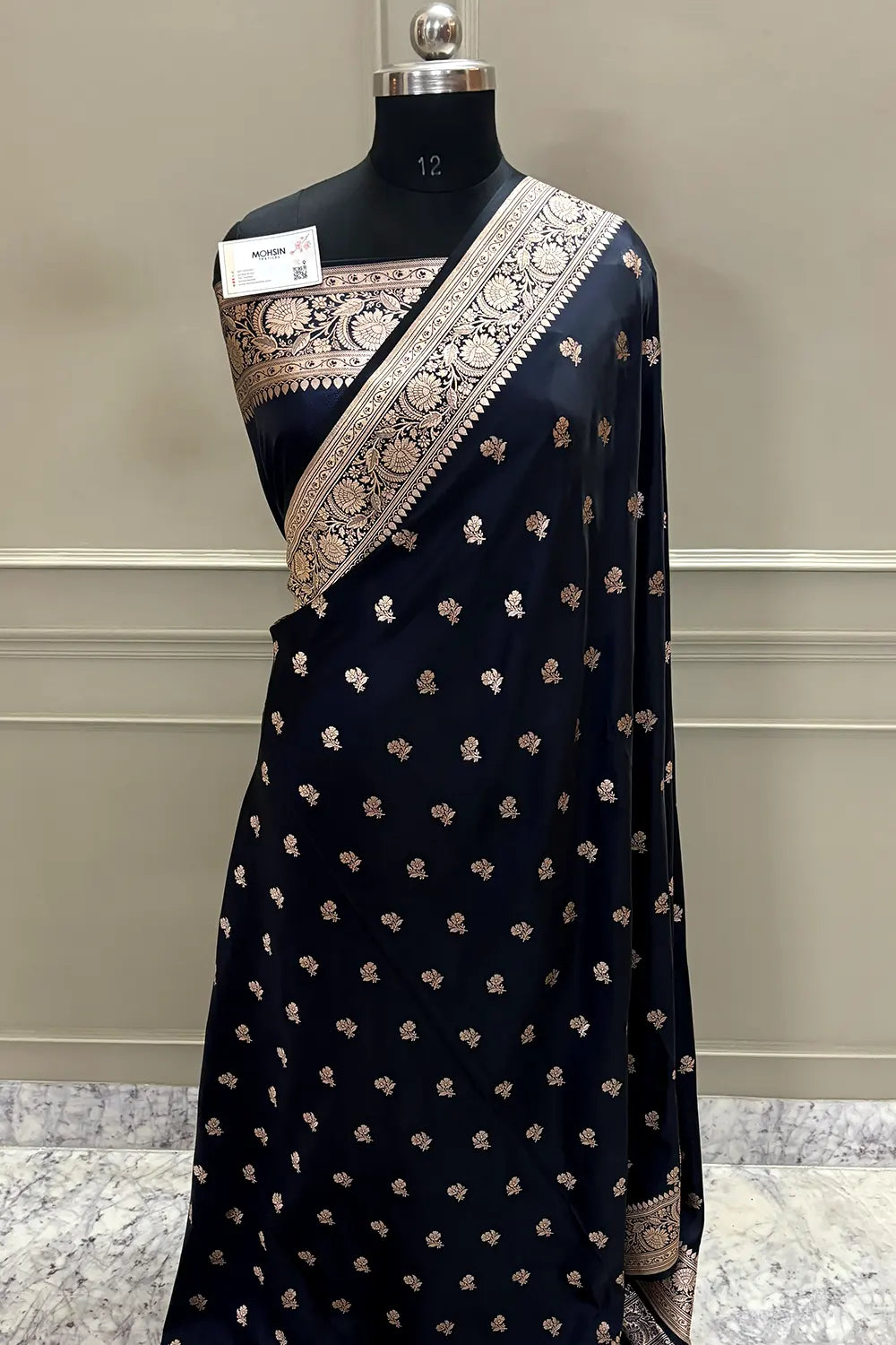 Black Navy Chaman Buti Katan Mashru Silk Banarasi Saree