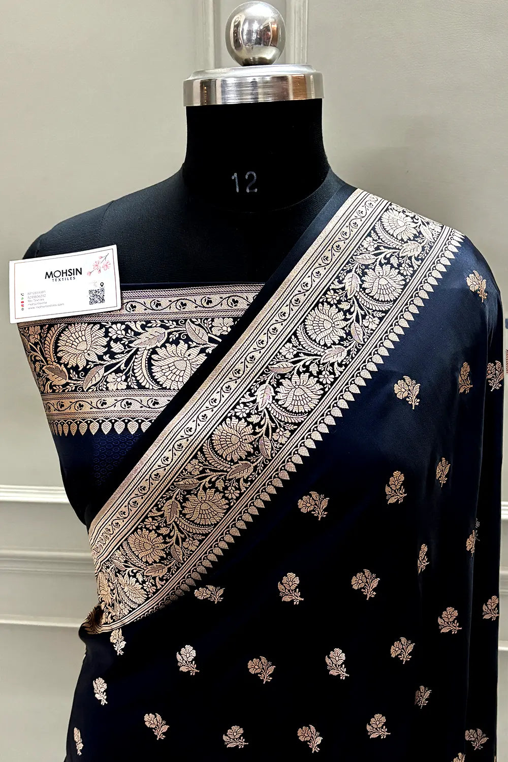 Black Navy Chaman Buti Katan Mashru Silk Banarasi Saree