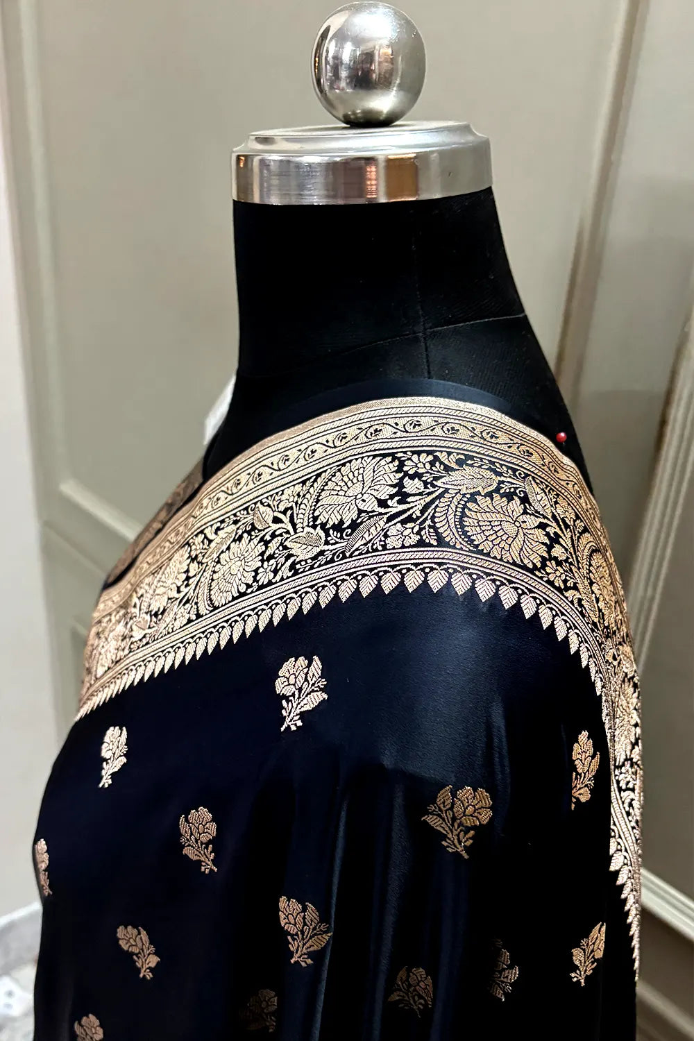 Black Navy Chaman Buti Katan Mashru Silk Banarasi Saree