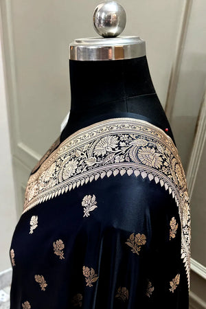 Black Navy Chaman Buti Katan Mashru Silk Banarasi Saree