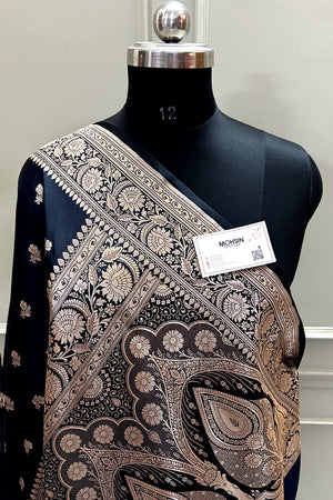 Black Navy Chaman Buti Katan Mashru Silk Banarasi Saree