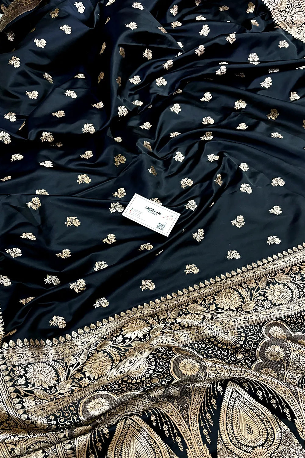 Black Navy Chaman Buti Katan Mashru Silk Banarasi Saree