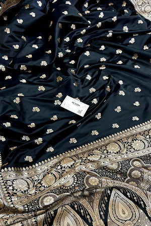 Black Navy Chaman Buti Katan Mashru Silk Banarasi Saree