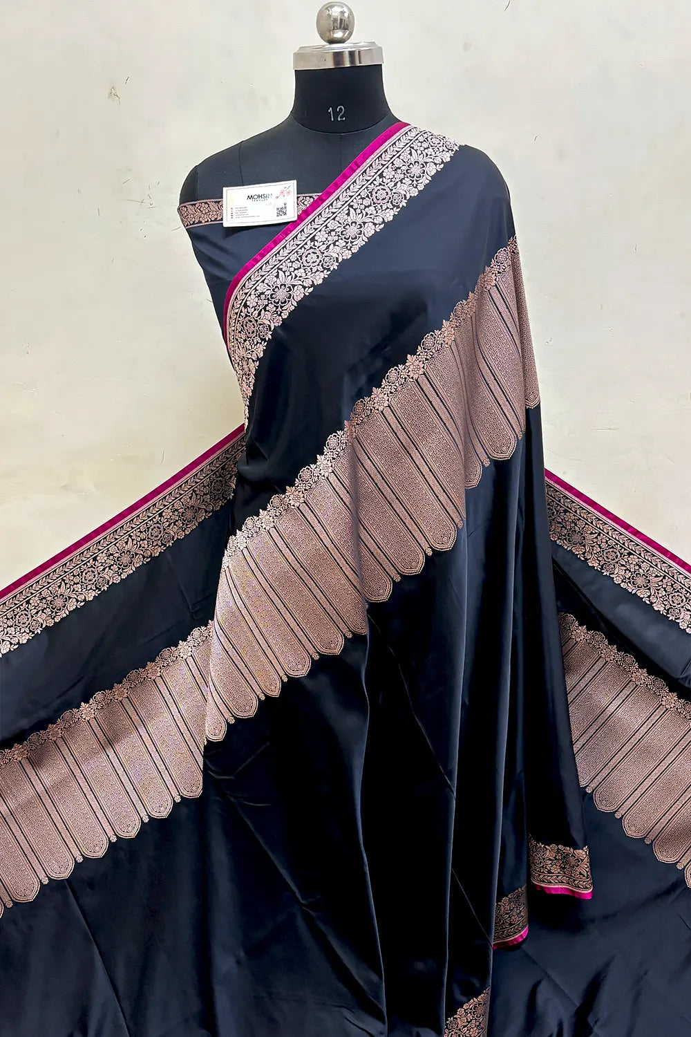 Black Plain Katan Mashru Silk Banarasi Saree