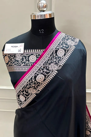 Black Plain Katan Silk Banarasi Saree