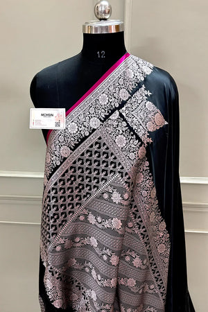 Black Plain Zari Border Katan Silk Banarasi Saree
