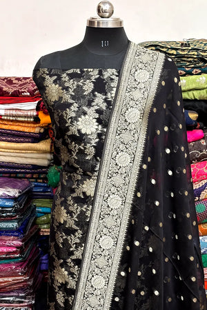 Black Pure Viscose Georgette Banarasi Suit