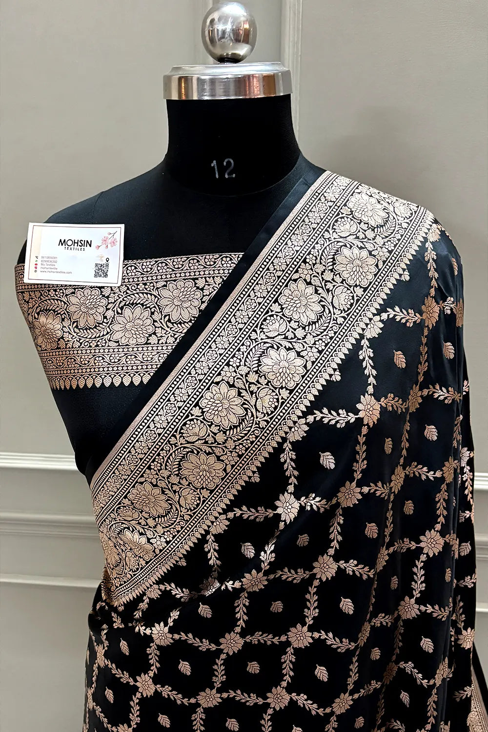 Black Qaidi Buti Katan Mashru Silk Banarasi Saree