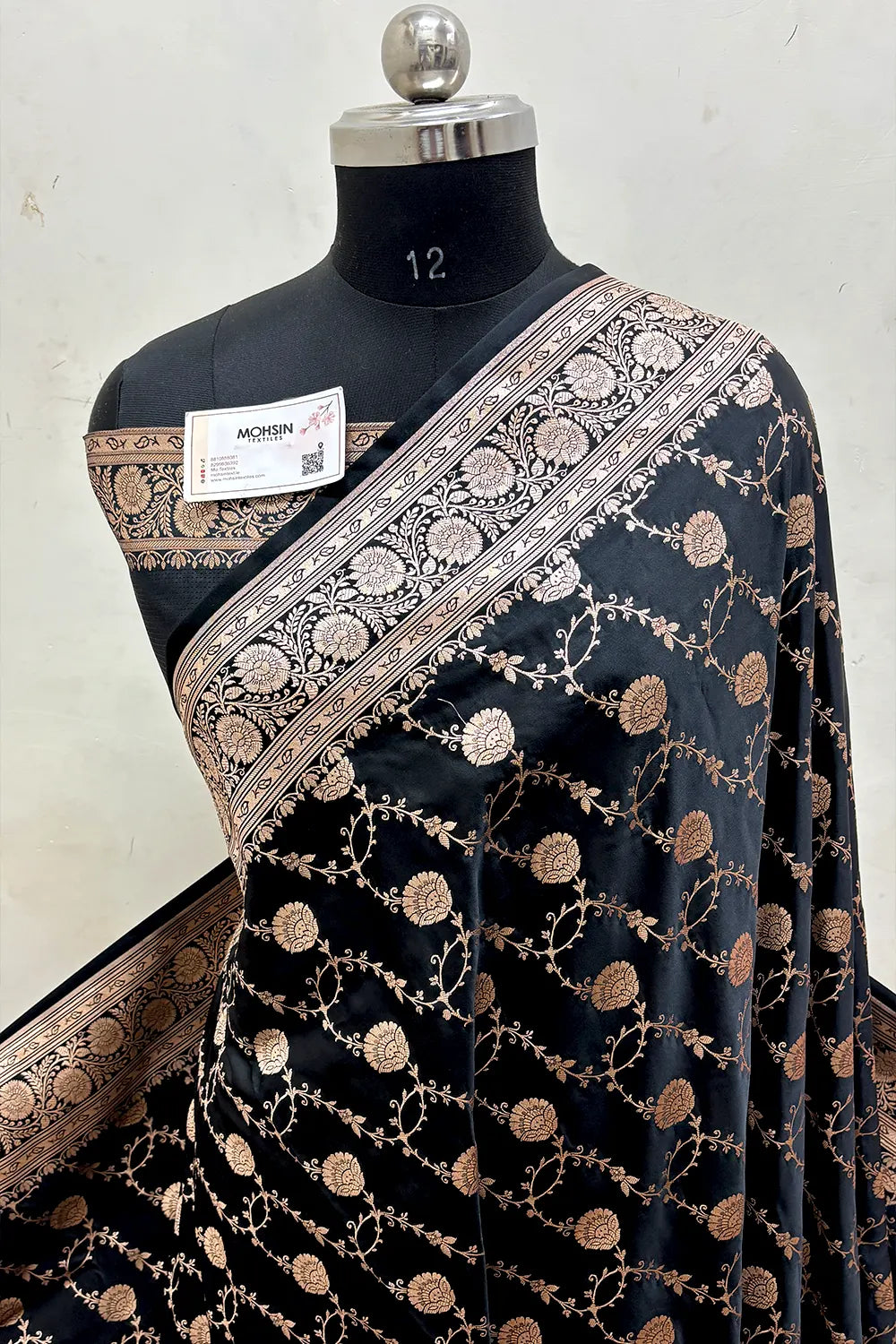 Black Ropeway Jaal Katan Mashru Silk Banarasi Saree
