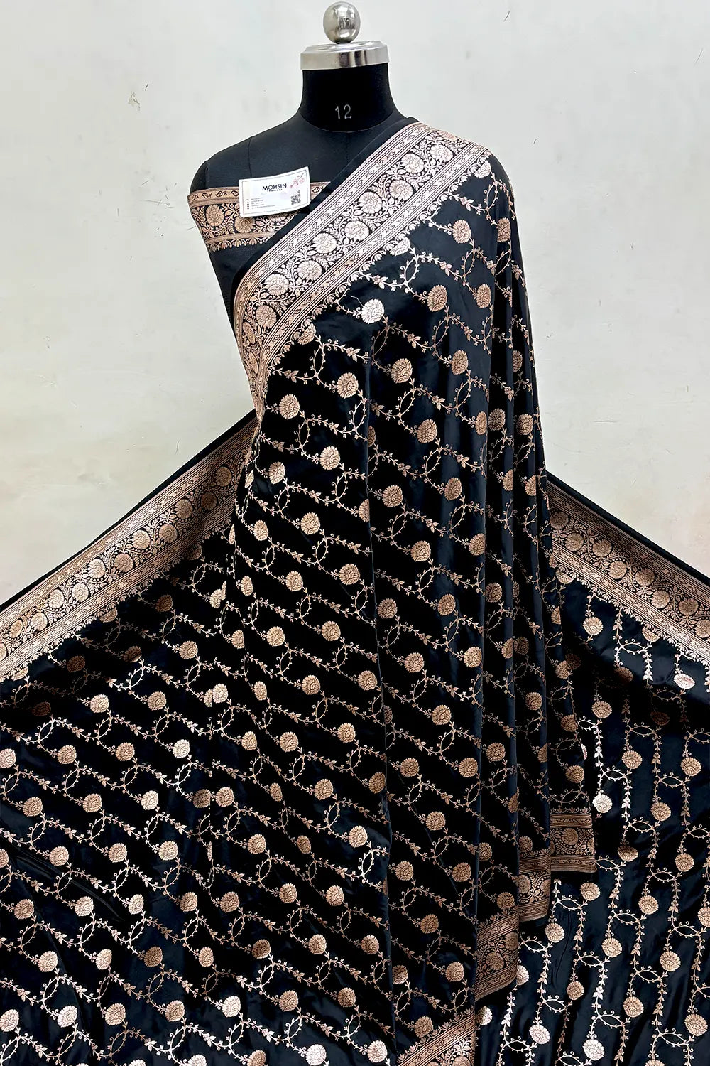 Black Ropeway Jaal Katan Mashru Silk Banarasi Saree