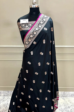 Black Rose Buti Katan Silk Banarasi Saree