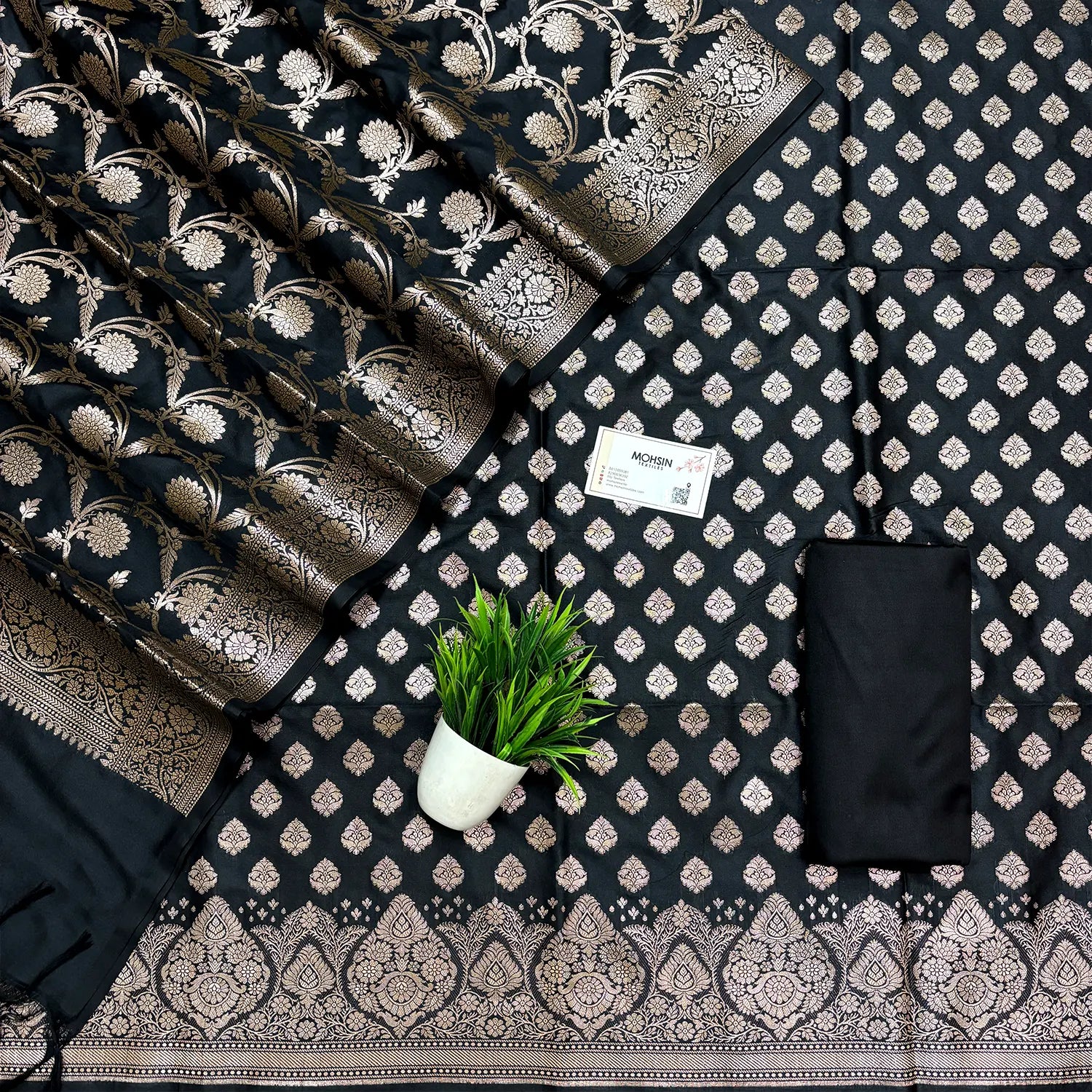 Black Singhasan Buti Semi Katan Silk Banarasi Suit