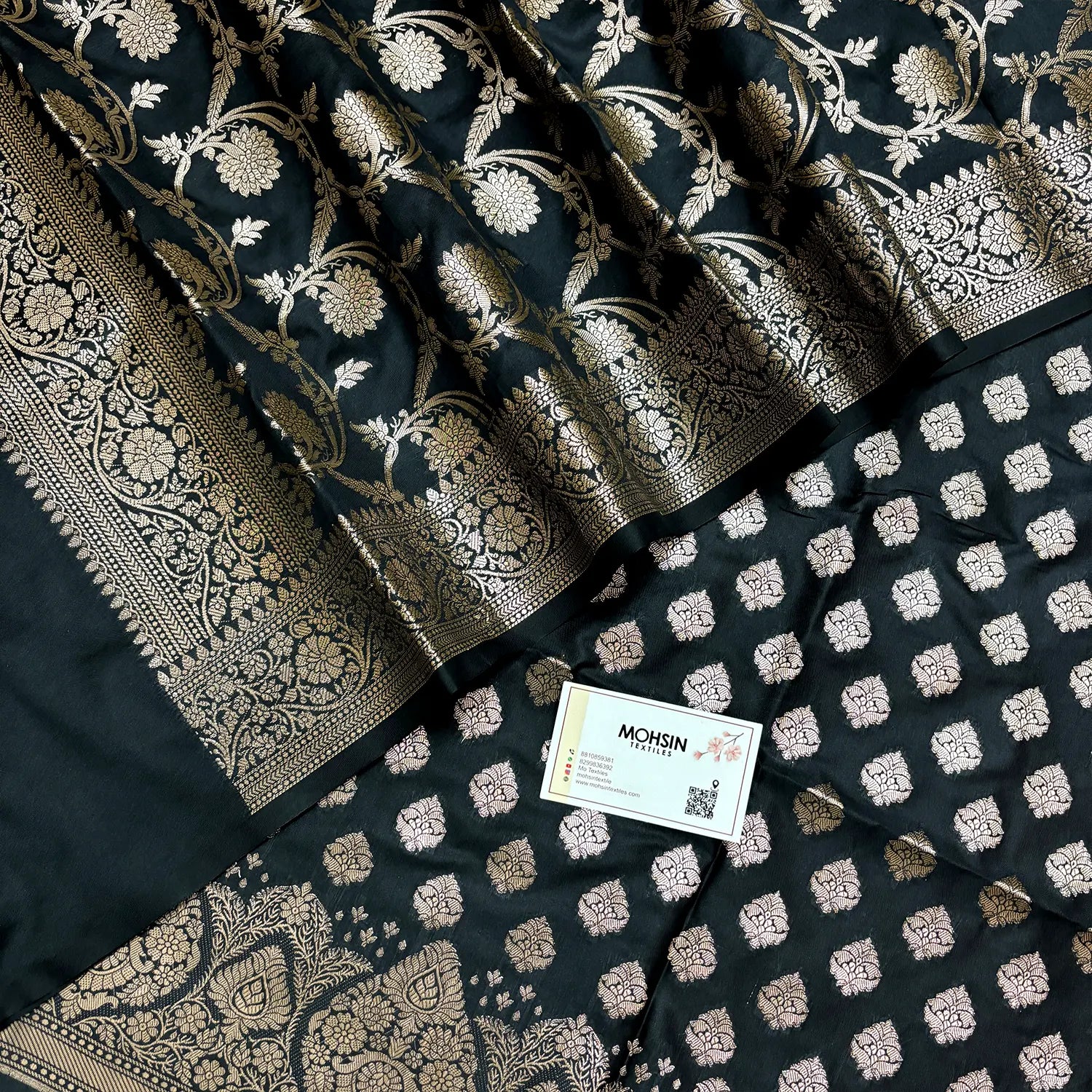 Black Singhasan Buti Semi Katan Silk Banarasi Suit