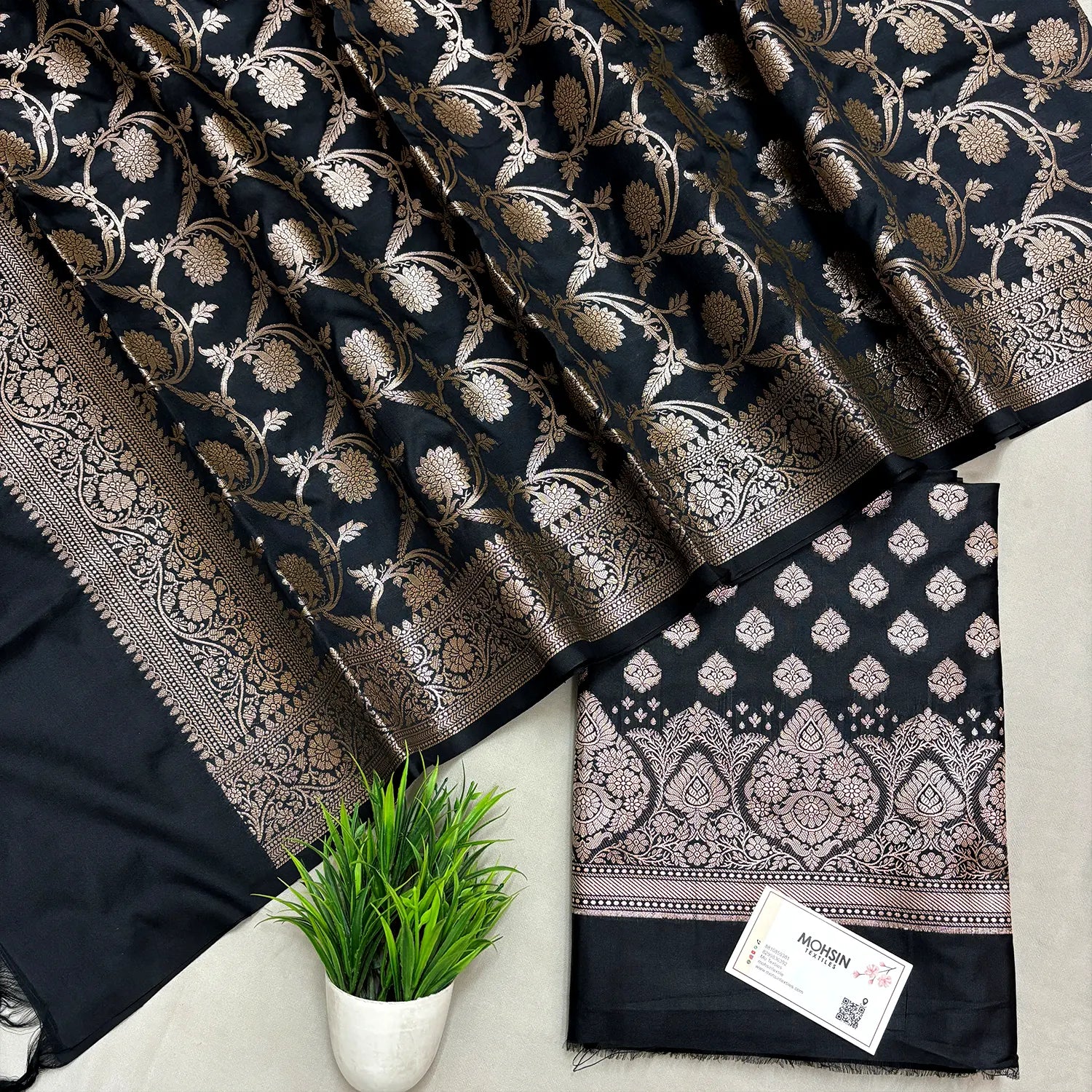 Black Singhasan Buti Semi Katan Silk Banarasi Suit
